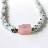 Rose Quartz and Jasper Necklace, Short Stone Necklace, Chunky Necklace, Gemstone Necklace, Pink and Mint, Christmas Gifts - Thumbnail 3