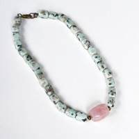 Rose Quartz and Jasper Necklace, Short Stone Necklace, Chunky Necklace, Gemstone Necklace, Pink and Mint, Christmas Gifts - Thumbnail 2