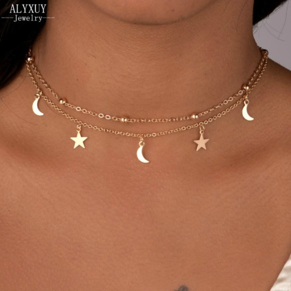 Two Layers Star and Moon Necklace in Silver and Gold