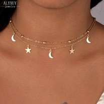 Two Layers Star and Moon Necklace in Silver and Gold