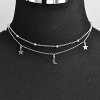 Two Layers Star and Moon Necklace in Silver and Gold - Thumbnail 2