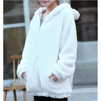 White Cute Bunny Bear Over Sized Sweatshirt Kawaii Hooded Hoodies - Thumbnail 2
