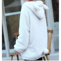 White Cute Bunny Bear Over Sized Sweatshirt Kawaii Hooded Hoodies - Thumbnail 3