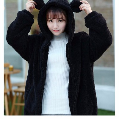 Black cute bunny bear over sized sweatshirt kawaii hooded hoodies - Thumbnail 4