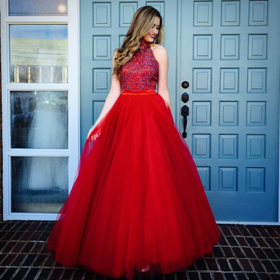 Burgundy high neck tulle long prom dress, burgundy evening dresses, formal dress - Thumbnail 2