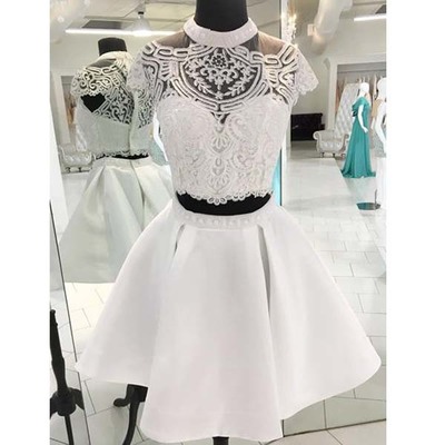 Short homecoming dress, two pieces homecoming dress, lace homecoming dress, cute homecoming dress, knee-length homecoming dress, PD15011