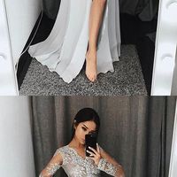 Long prom dress, v neck prom dress, lace prom dress, sexy side split prom dress, long sleeves prom dress, silver prom dress, PD15175 - Thumbnail 1