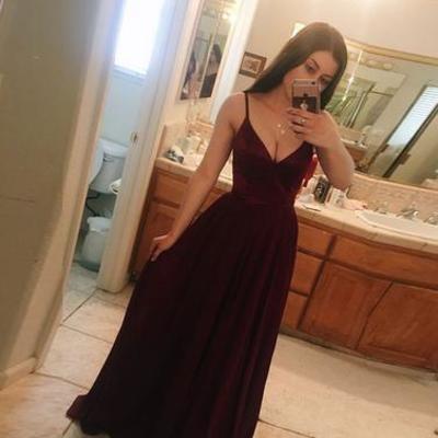  burgundy a-line v neck long prom dress, burgundy evening dress - Thumbnail 4