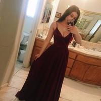  Burgundy A-line v neck long prom dress, burgundy evening dress - Thumbnail 1