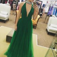 Simple green deep v neck tulle long prom dress, green evening dress - Thumbnail 1