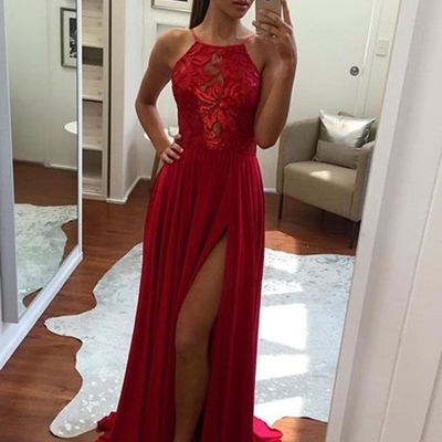 Simple red a line chiffon lace long prom dress,red evening dress - Thumbnail 5
