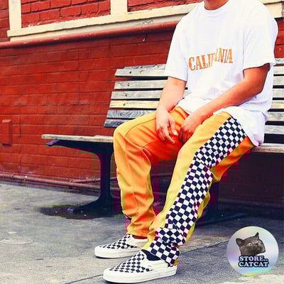 High quality side checker jogger pants in orange - Thumbnail 3