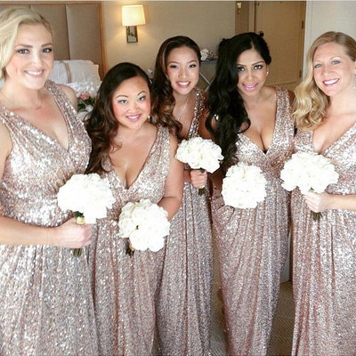 V neck champagne gold bridesmaid dresses - Thumbnail 5