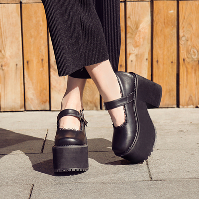 Black kawaii platform high heels shoes - Thumbnail 5