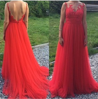 Simple A-line Red Long Lace Appliques Prom Evening Gown E96