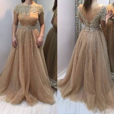 Champagne off-shoulder lace appliques pearls prom evening dress e105