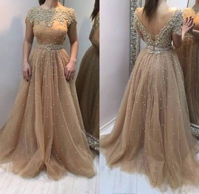 Champagne Off-shoulder Lace Appliques Pearls Prom Evening Dress E105