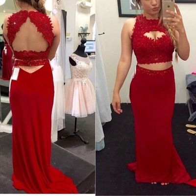 Two piece prom dress sexy backless red long lace mermaid prom dresses e118