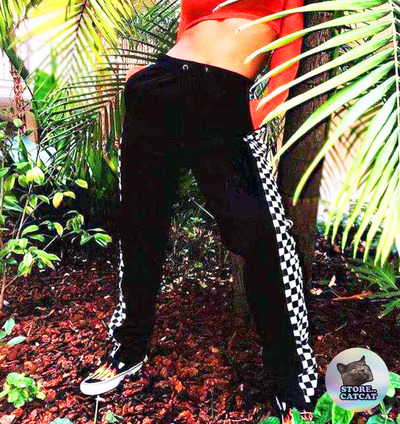 HIGH QUALITY SIDE CHECKER JOGGER PANTS IN BLACK