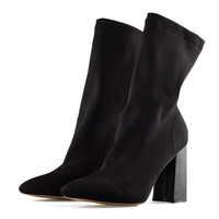 Sexy Pointed Toe Chunky Heel Black Boots - Thumbnail 1