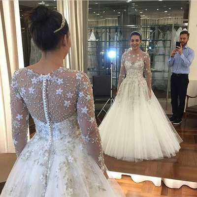 Luxurious White Wedding Dresses Bridal Gowns with Appliques Beaded 