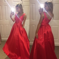 Simple Red Long Prom Dresses Evening Dresses with Pocket - Thumbnail 2