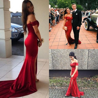 Sexy red off-shoulder long satin mermaid prom dress high slit e120