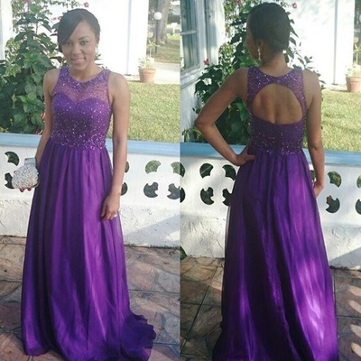 Purple backless a-line beaded crystal sequins long organza prom evening dress e135