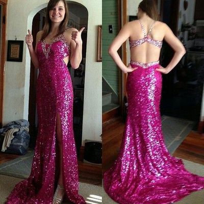 Sexy backless sequins beaded long mermaid prom party dress e140