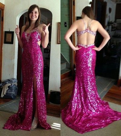 Sexy Backless Sequins Beaded Long Mermaid Prom Party Dress E140