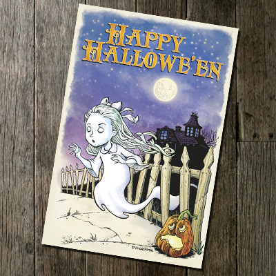 Ghost girl halloween postcard