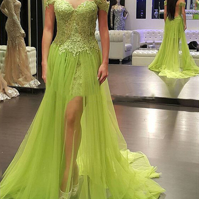 Sexy backless off-shoulder long lace appliques beaded prom evening dress slit e144