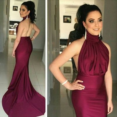 Sexy Burgundy High Neck Backless Long Mermaid Prom Party Dress E145