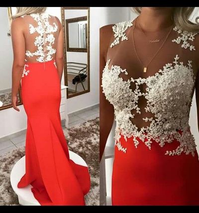Fashion Sheer O-neck Long Lace Pearls Mermaid Prom Evening Dress E146