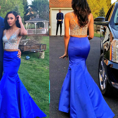 Two piece prom dress sexy v-neck rhinestones sequins mermaid royal blue prom dress e154