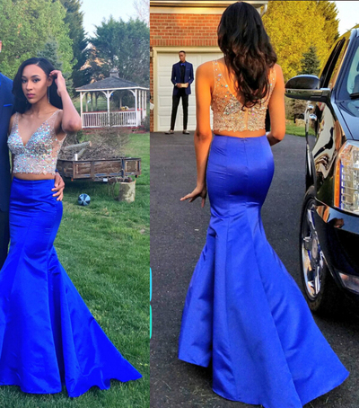 Two Piece Prom Dress Sexy V-neck Rhinestones Sequins Mermaid Royal Blue Prom Dress E154