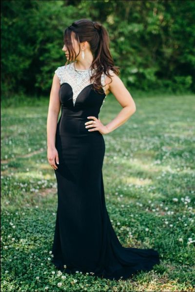 New Arrival Cap Sleeves Beaded Rhinestones Black Mermaid Prom Evening Dress Long E155