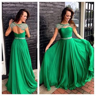 Elegant a-line cap sleeves beaded pleat prom dress e157