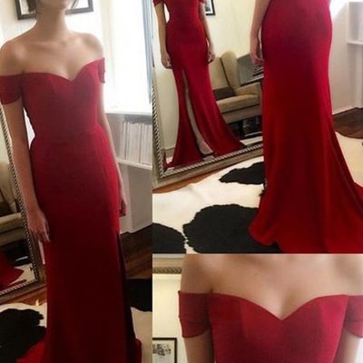 Cheap red off-shoulder short sleeves mermaid prom dress e159