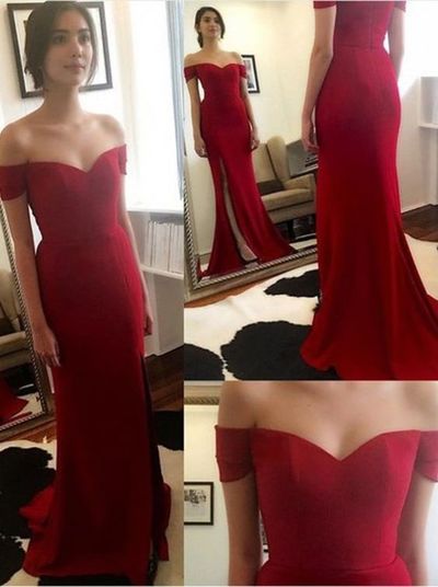 Cheap Red Off-shoulder Short Sleeves Mermaid Prom Dress E159