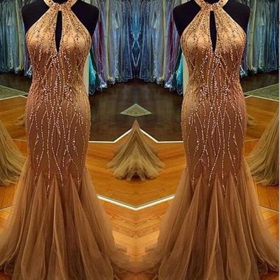 Sparkly gold halter beaded crystal mermaid prom evening dress long e165