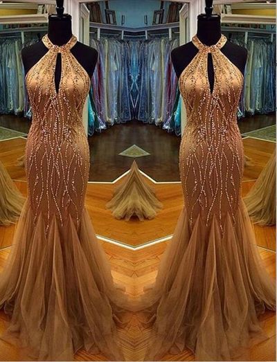 Sparkly Gold Halter Beaded Crystal Mermaid Prom Evening Dress Long E165