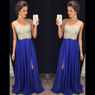 Sexy sparkly a-line v-neck rhinestones beaded sequins long prom dress royal blue e170