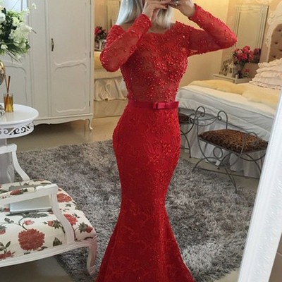 Vintage o-neck long sleeves lace pearls mermaid prom evening dress plus size e172