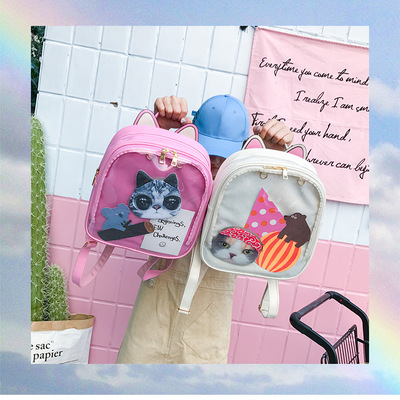 Kawaii cat ear leather backpacks candy color transparent bag - Thumbnail 5