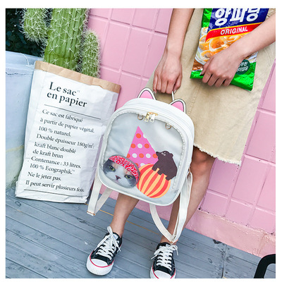 Kawaii cat ear leather backpacks candy color transparent bag