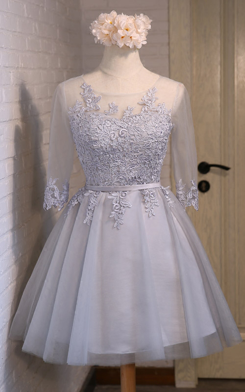 Silver Long Sleeve Chiffon A Line Lace Short Homecoming Dress