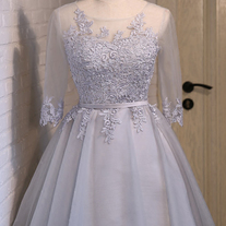 Silver Long Sleeve Chiffon A Line Lace Short Homecoming Dress