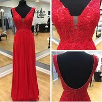Elegant Deep V Neck Long Prom Dresses with Appliques - Thumbnail 1