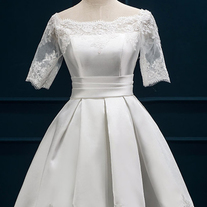  Half Sleeves Short Lace Knee Length White A Line Satin Homecoming Dress